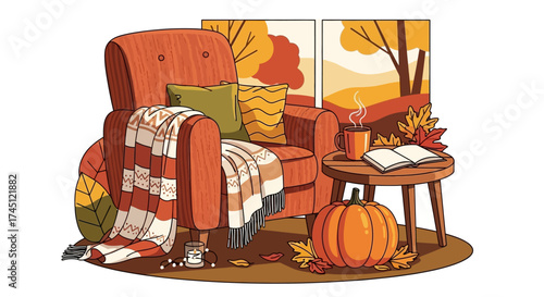 Cozy armchair scene with autumn decorations, coffee, and a pumpkin.