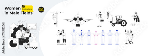 Women breaking barriers in male dominated professions outline illustrations mega bundle. Diverse females empowerment in workplace 2D linear images isolated. Collection black and white vector drawings