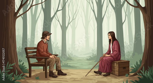 A man and woman converse in a serene forest setting, seated on benches.