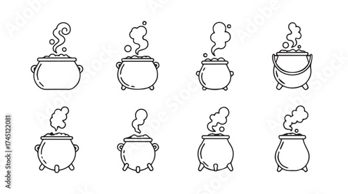 Set of hand drawn halloween cauldron icons with bubbling potion and smoke for spooky designs vector