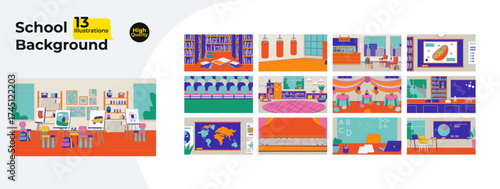 School classroom and learning backgrounds cartoon flat illustrations mega bundle. Library, science lab, gym, art room, classes 2D images isolated on white. Collection vector drawings colorful