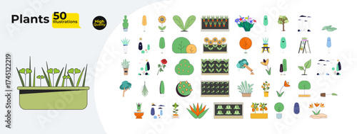 Plants, trees, shrubs and nature cartoon flat illustrations mega bundle. Flowers, bushes, flowerpots, raised beds, rainy weather 2D images isolated on white. Collection vector drawings colorful