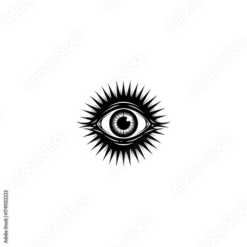 A black and white stylized eye within a starburst, centered on a white background