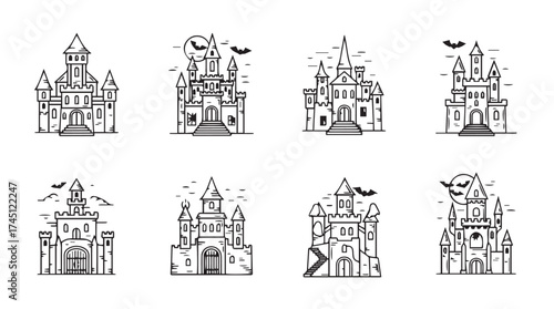 Spooky haunted houses collection set collection eerie gothic architecture halloween themed decorative elements vector