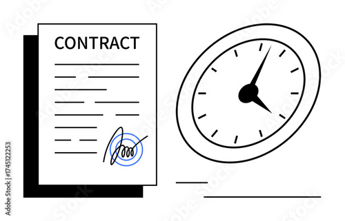 Document labeled contract with signature and large clock illustrating urgency. Ideal for business, agreements, deadlines, time management, productivity, legal work, and efficiency in a simple flat