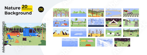 Nature and outdoor landscape backgrounds cartoon flat illustrations mega bundle. Camping, natural disasters, orchard, farm, travel 2D images isolated on white. Collection vector drawings colorful