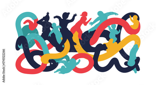 Abstract illustration depicting people interacting and moving, connected by colorful, looping lines.