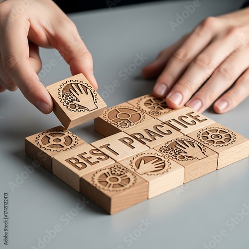 Hands assembling wooden blocks with best practice text and gear icons