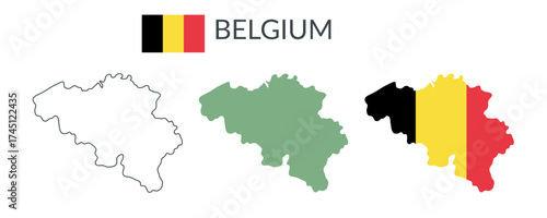 Belgium country geographical borders isolated on white background. Flag of Belgium. Vector flat cliparts.	