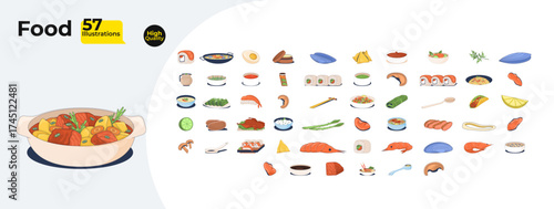 Fresh food and cuisine ingredients cartoon flat illustrations mega bundle. Sushi, vegetables, seafood. Sauces, cooking elements 2D images isolated on white. Collection vector drawings colorful