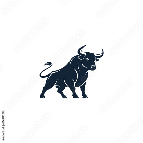 A dark blue silhouette of a bull, standing, facing right. Clean lines, white background