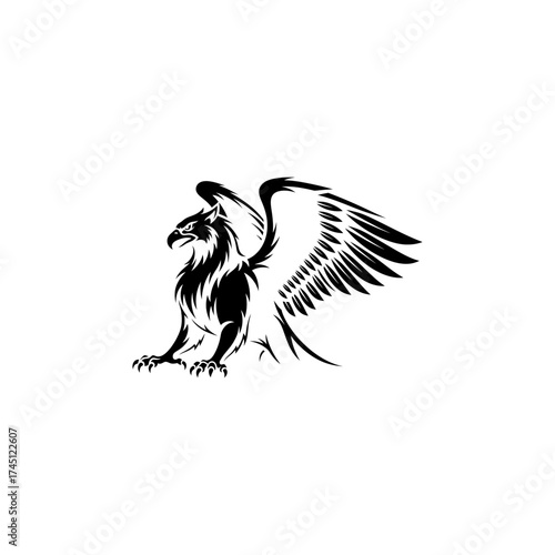 A stylized griffin, a mythical creature with eagle head, wings, and lion body, in black on white