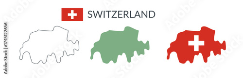 Switzerland country geographical borders isolated on white background. Flag of Switzerland. Vector flat cliparts.	