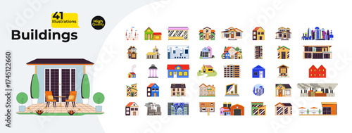 Buildings and architecture cartoon flat illustrations mega bundle. Houses, skyscrapers, factory, apartments, church, bank. Real estate 2D images isolated on white. Collection vector drawings colorful