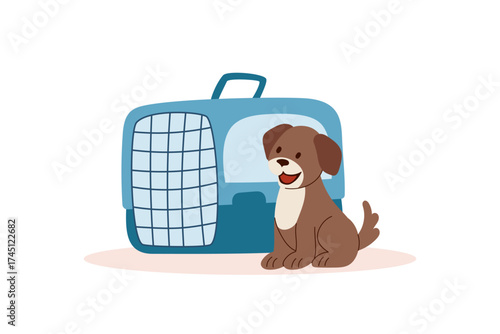 A dog and a pet carrier. Concept of travel with pet. An illustration of a happy puppy next to an animal carrier. Vector flat clipart.