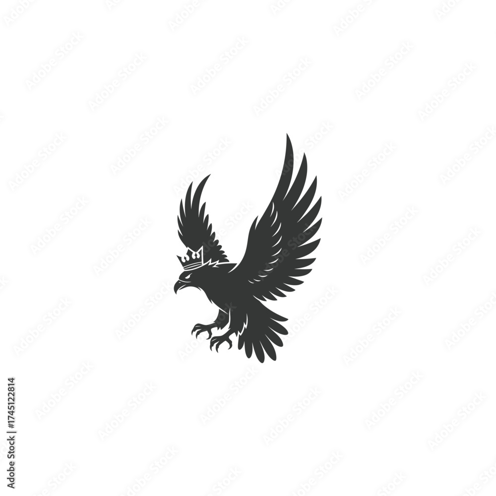 Obraz premium A dark stylized eagle in flight, crowned, against a white background