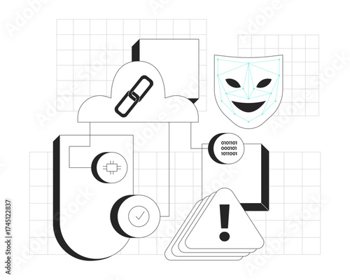 Cloud security and threat detection line onboarding ui illustration. Binary code, face recognition complete, microchip, risk management outline 2D concept isolated. Ink linear metaphor vector art
