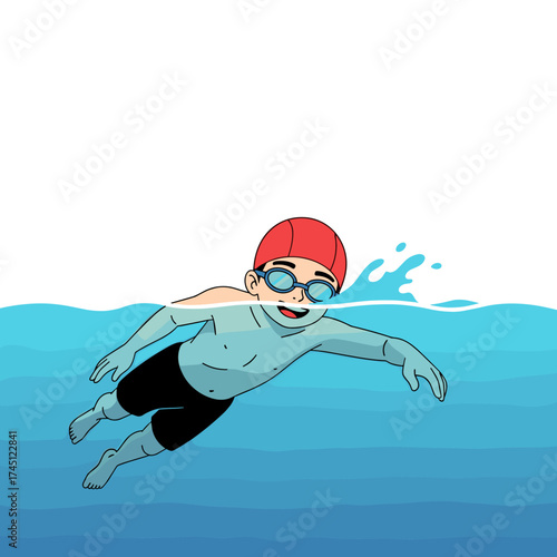 A young boy with a red swim cap and goggles happily swims through blue water with white splashes around him.