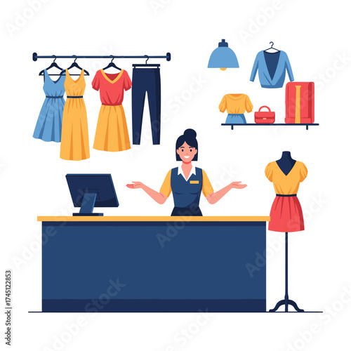 A friendly sales associate greets customers at the counter in a well-stocked clothing store.