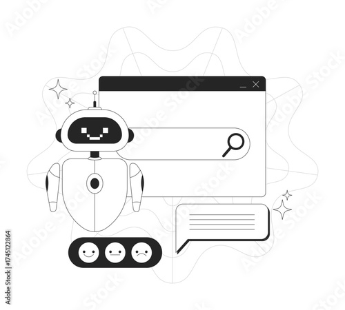 AI powered search bar line onboarding ui illustration. Artificial intelligence chatbot. Machine learning search engine technology outline 2D concept isolated. Ink linear metaphor vector art