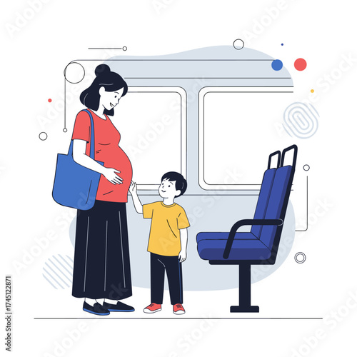 A pregnant woman and a young boy stand on a public transport vehicle.
