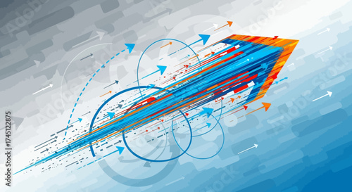 Abstract digital graphic showing a blue and orange arrow pointing forward, with circles and lines.
