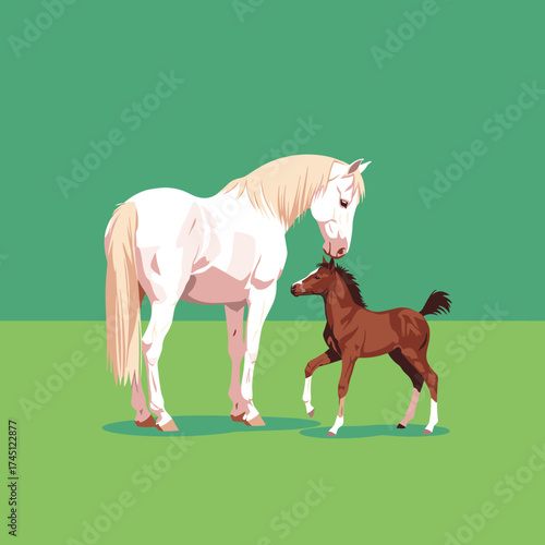 A gentle mother horse stands close to her playful young foal in a serene green pasture.
