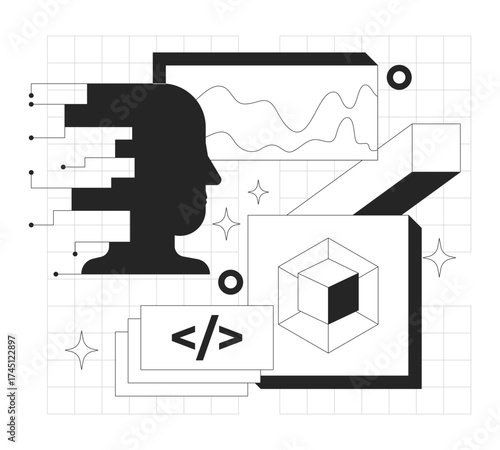 Web development line onboarding ui illustration. Tech driven algorithm, coding. Artificial intelligence and data science, programming outline 2D concept isolated. Ink linear metaphor vector art