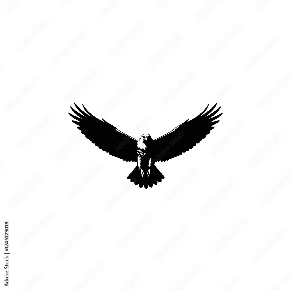 Obraz premium Black silhouette of an eagle with wings outstretched, front view, against a white background
