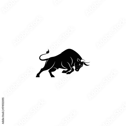 A black silhouette of a bull charging forward, on a white background