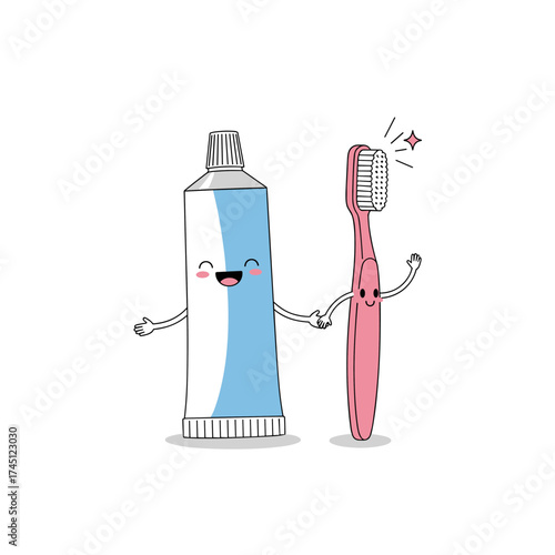 A happy tube of toothpaste and a sparkling toothbrush stand together as friends promoting oral hygiene.