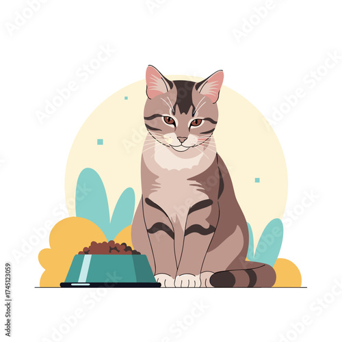 A cute tabby cat sits patiently beside a bowl of its favorite food.