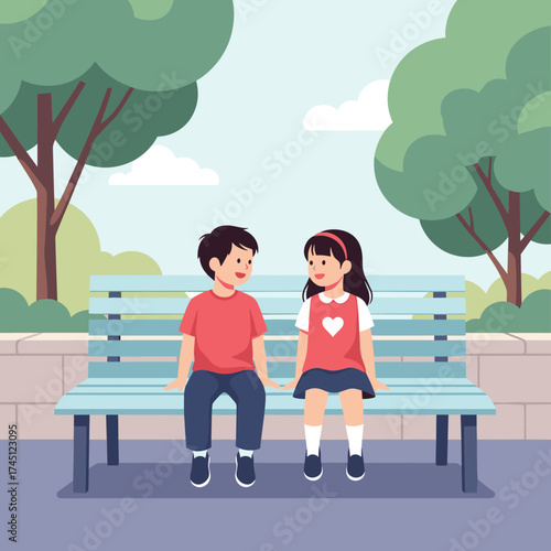 Two young children sitting together on a park bench enjoying each other's company.