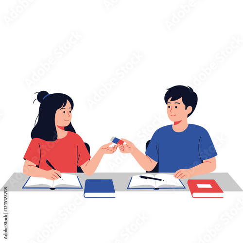 Two students exchange an eraser while studying together at a desk.