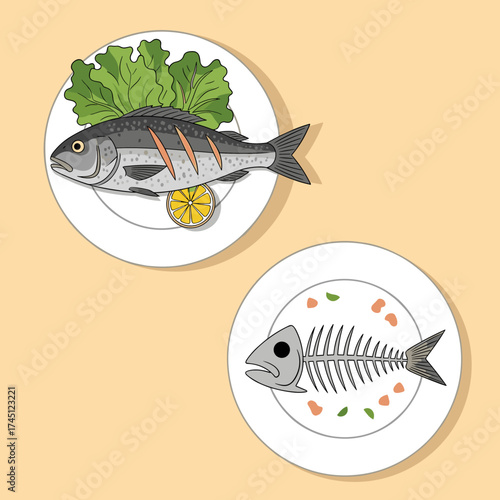 A whole grilled fish with lemon and greens served on a plate beside a plate with only a fish skeleton and scattered herbs.