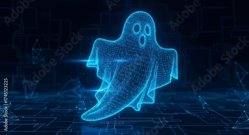 Digital rendering of a ghost figure, glowing blue, against a dark, abstract, tech-themed background.