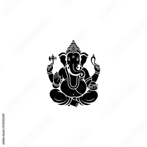 A black silhouette of a seated elephant-headed deity with multiple arms