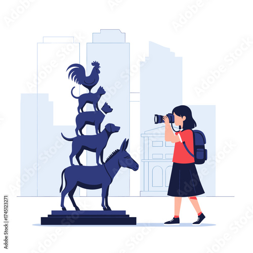 A person photographs a sculpture of stacked animals outside a building.