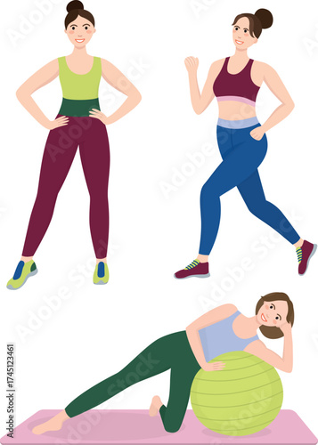 illustration of women doing fitness activities. exercises. Set of female characters engaged in various workout routines