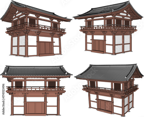 Vector sketch illustration of a multi-story sacred temple building design, classic ethnic vintage pavilion