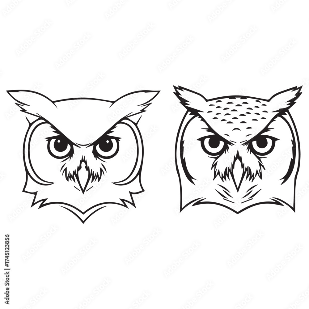 Fototapeta premium black and white owl head head silhouette vector set
