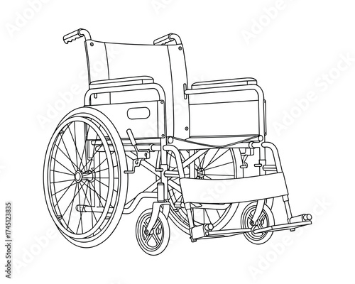 Detailed Line Art Illustration of a Wheelchair for Medical Use and Accessibility