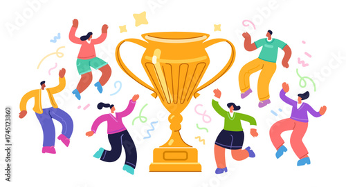 Group of happy people jumping, celebrating success, achievement or recognition. Award ceremony. Gold trophy winner