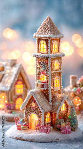 Magical glowing gingerbread village with snow and festive lights on a soft bokeh background