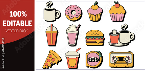 Retro 70s Style Food and Drink Vector Icons 1970s groovy