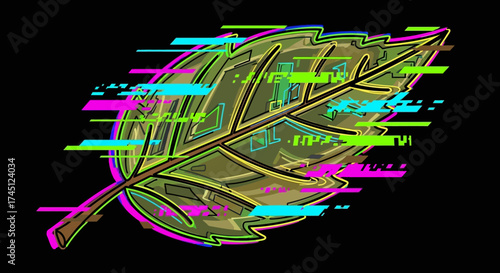 A stylized leaf illustration with digital glitch effects, set against a black backdrop.
