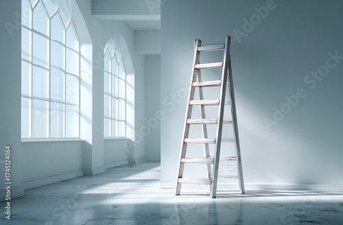 Ladder in empty room with window and sunlight. 3D Rendering