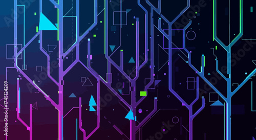 Abstract digital design with interconnected lines and geometric shapes, vibrant colors.