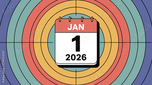 A calendar showing january first twenty twenty six against a target like colorful background