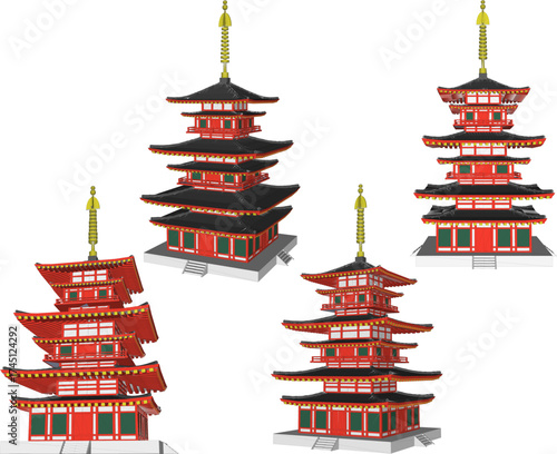 Vector sketch illustration of a multi-story sacred temple building design, classic ethnic vintage pavilion
